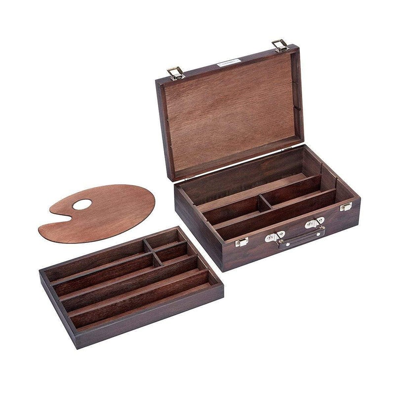 KINGART Wood Art Storage Box With Espresso Stain, 2-Tier Wood Case with 10 Dividers, Holds Markers, Paint, Brushes, Pencils, And More - Image 3